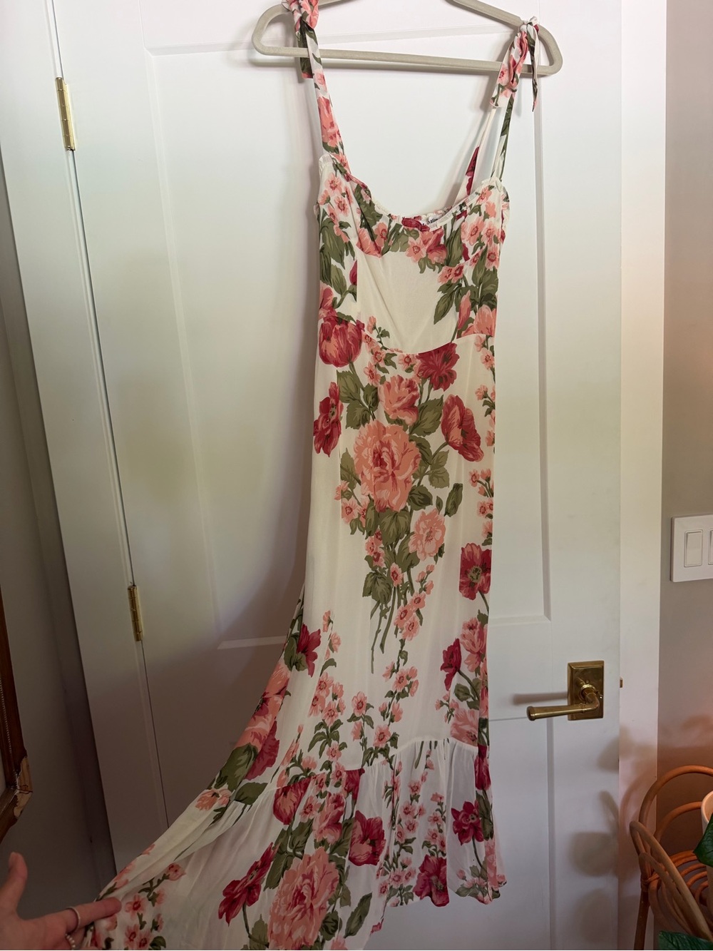 Reformation Floral Tie-Strap Maxi Dress - White with Pink & Green
